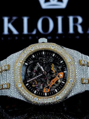 Black Skeleton Dial Yellow Gold Bezel Two Tone Moissanite Watch