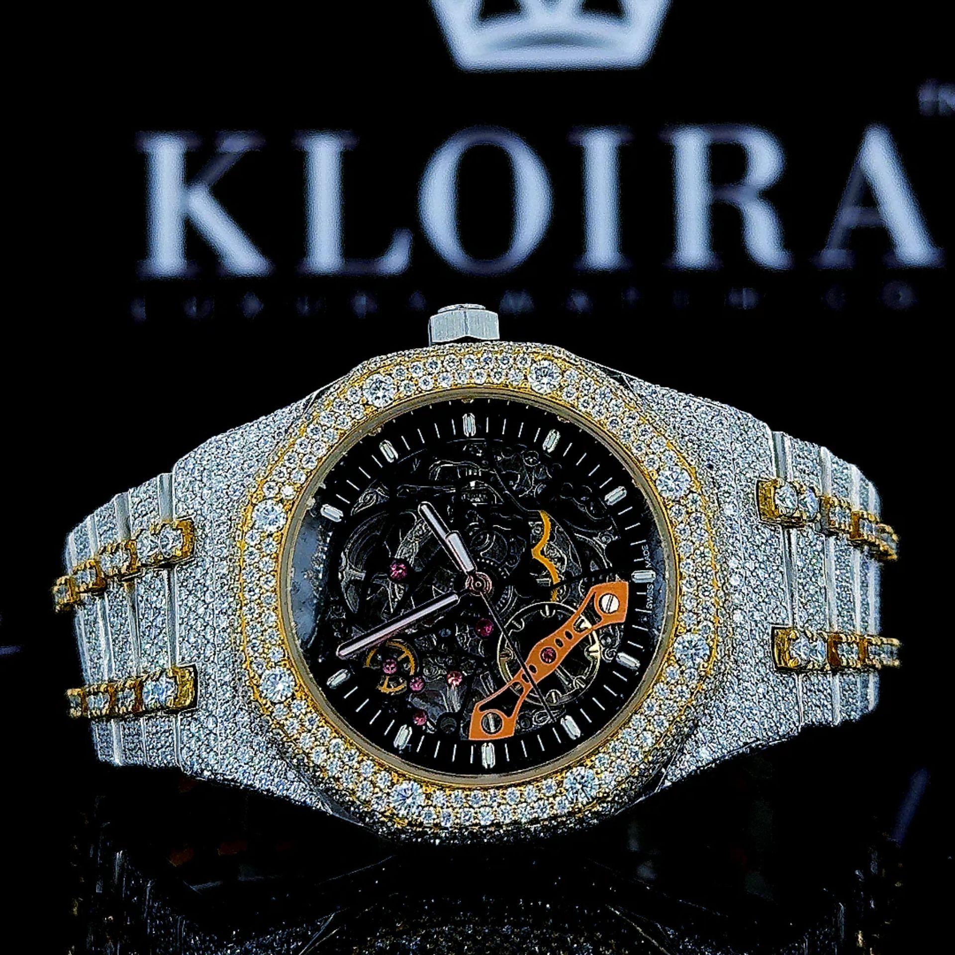 Black Skeleton Dial Yellow Gold Bezel Two Tone Moissanite Watch Front View
