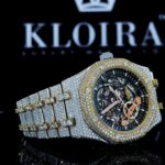 Black Skeleton Dial Yellow Gold Bezel Two Tone Moissanite Watch Right Profile View