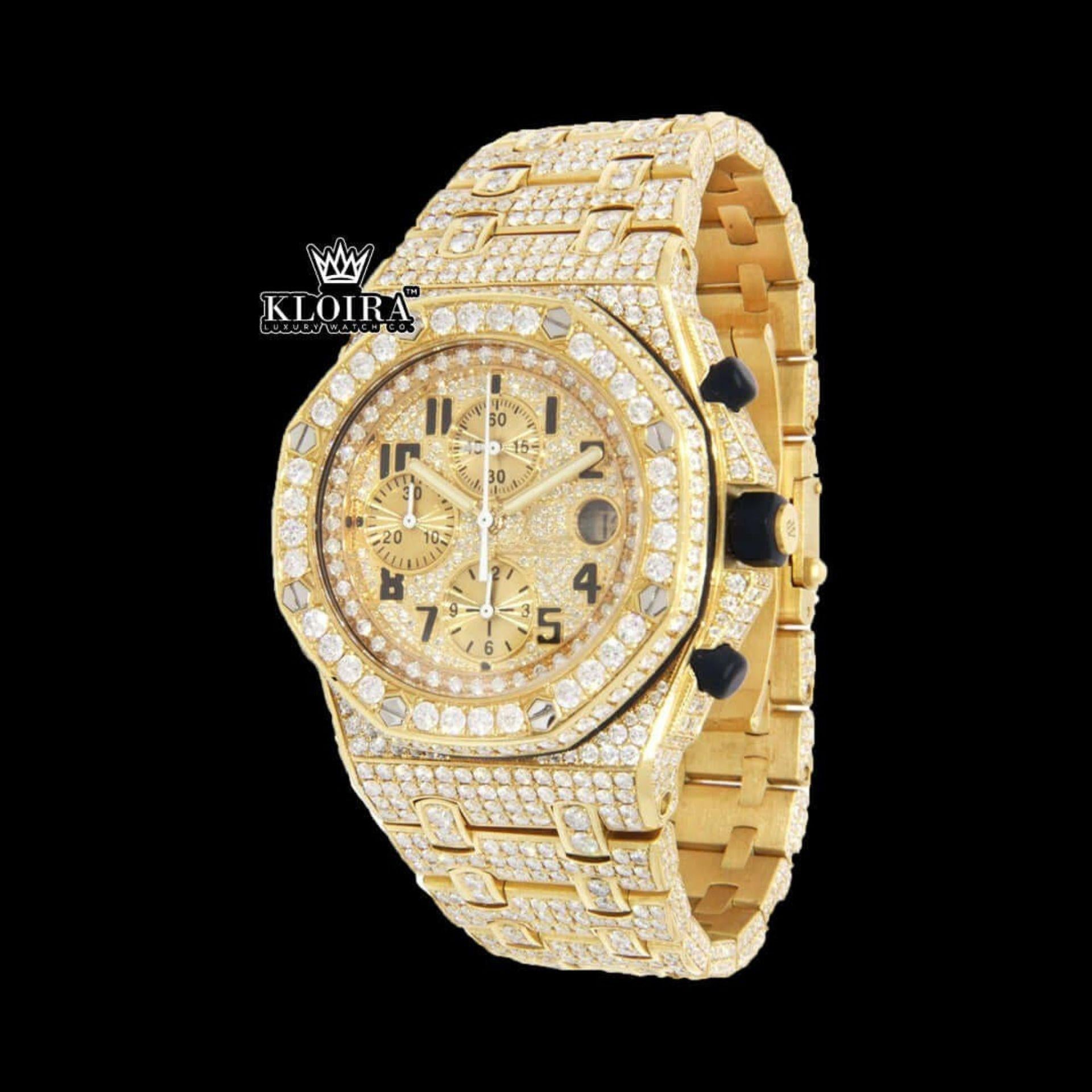 Black Standard Numerals Chronograph Yellow Gold Iced Out Moissanite Watch Close Up Dial View