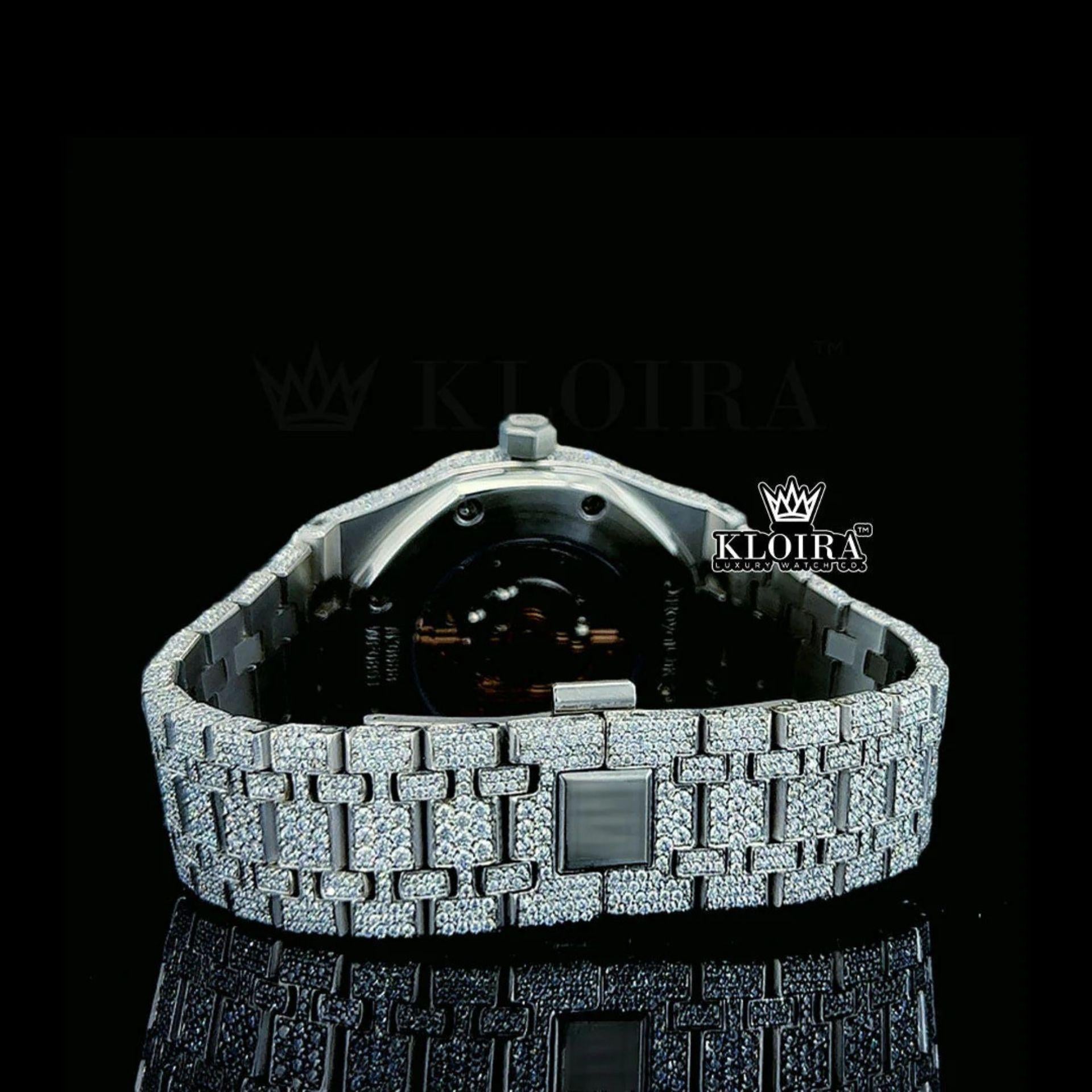 Black Stick Dial White Gold Fully Iced Out Moissanite Watch Caseback View