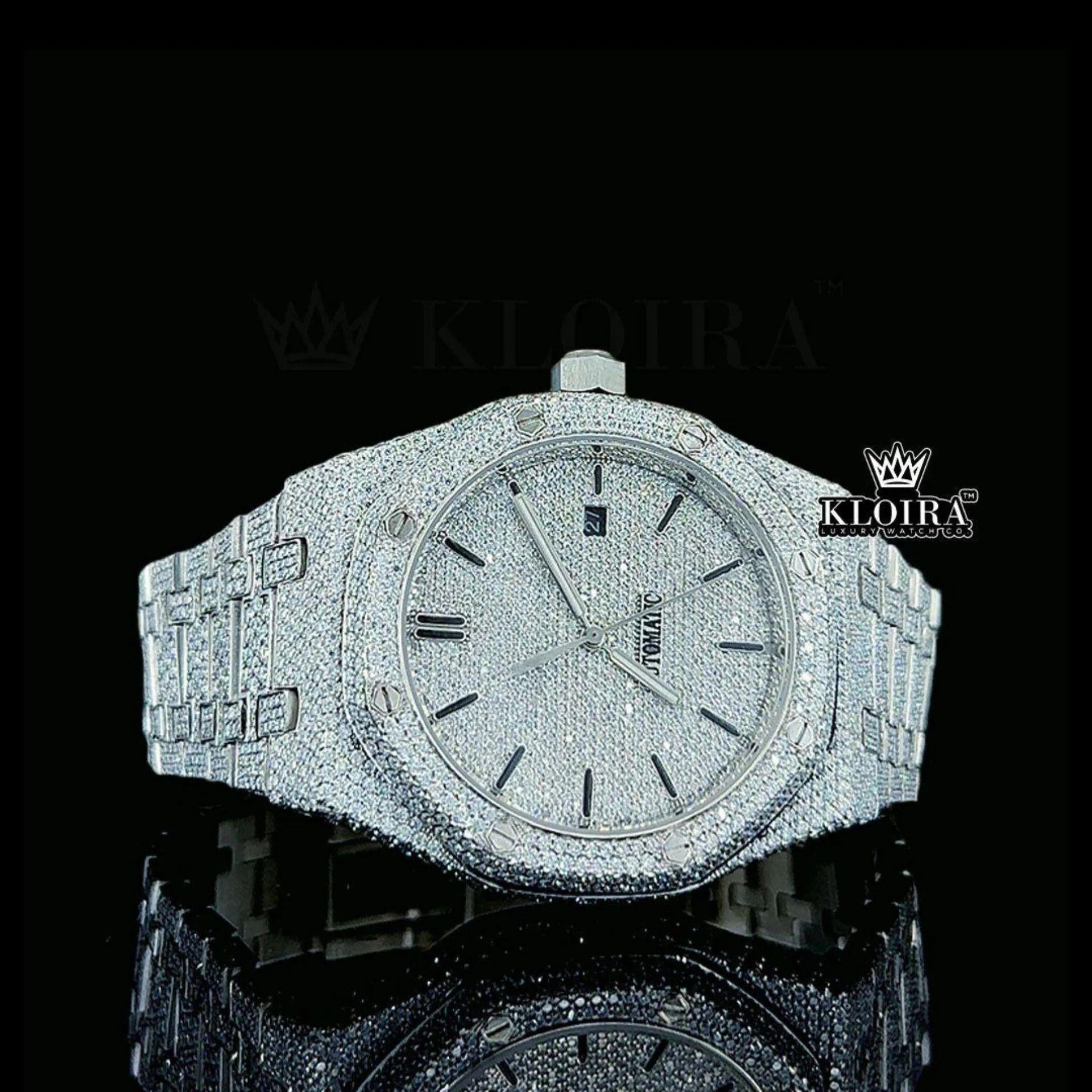 Black Stick Dial White Gold Fully Iced Out Moissanite Watch Front View