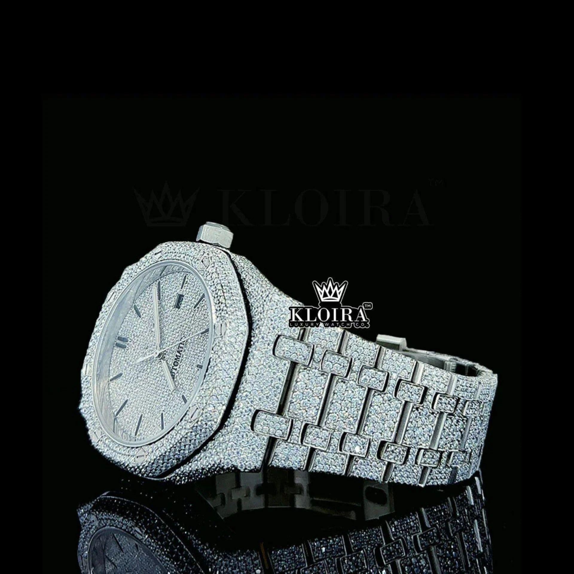 Black Stick Dial White Gold Fully Iced Out Moissanite Watch Left Profile View