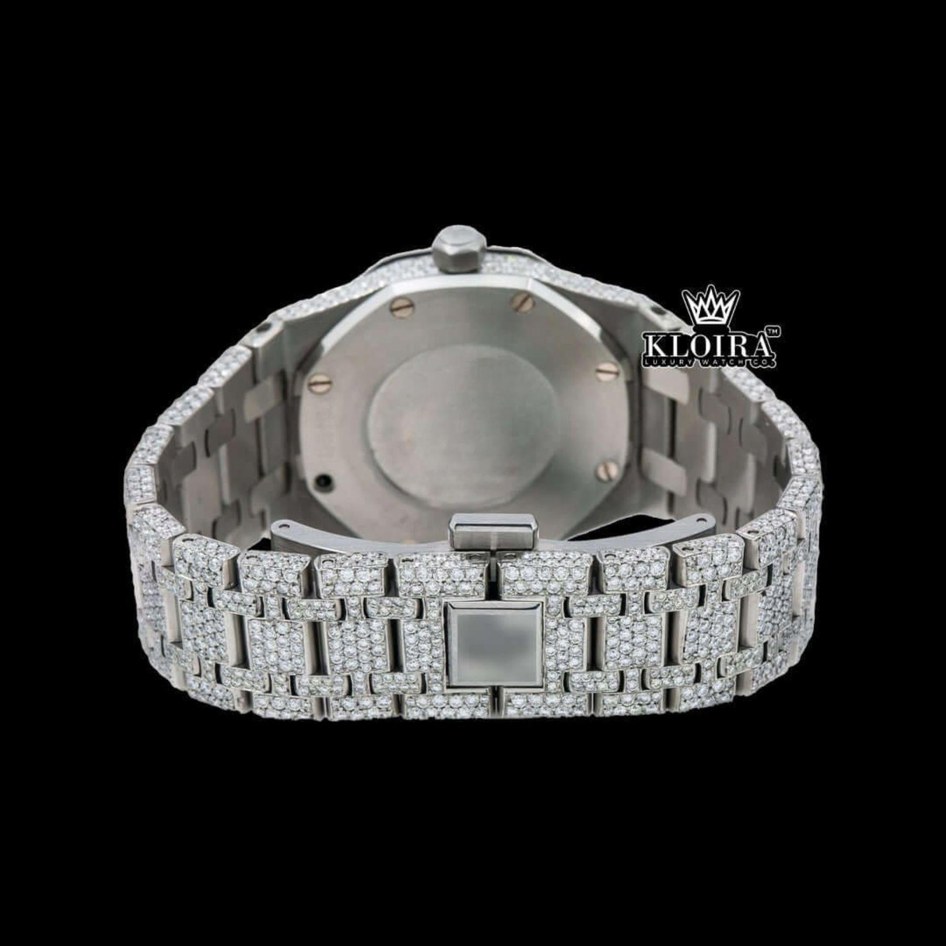 Black Stick Markers Dial Block Link Strap Fully Iced Out Moissanite Watch Caseback View