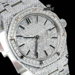 Black Stick Markers Dial Block Link Strap Fully Iced Out Moissanite Watch Close Up Dial View