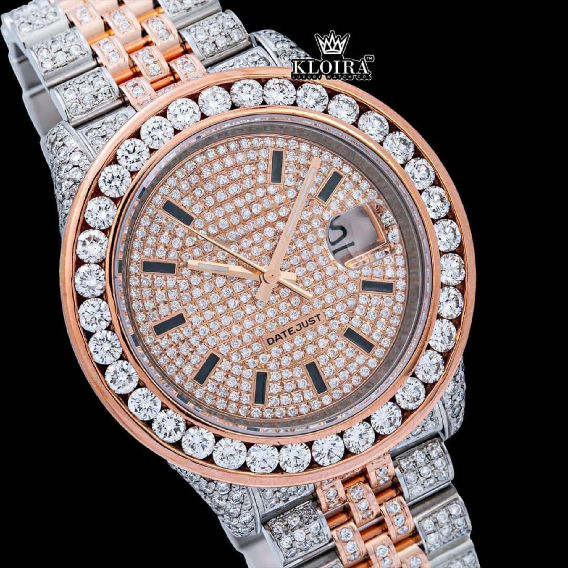 Black Stick Markers Dial Two Tone Rose Gold Moissanite Watch Close Up Dial View