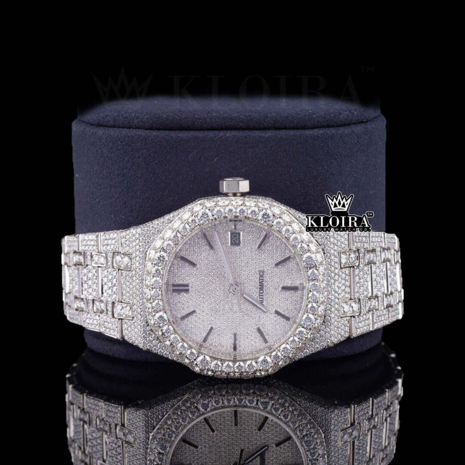 Black Stick Markers White Dial AP Bust Down Moissanite Diamond Watch Close Up Front View