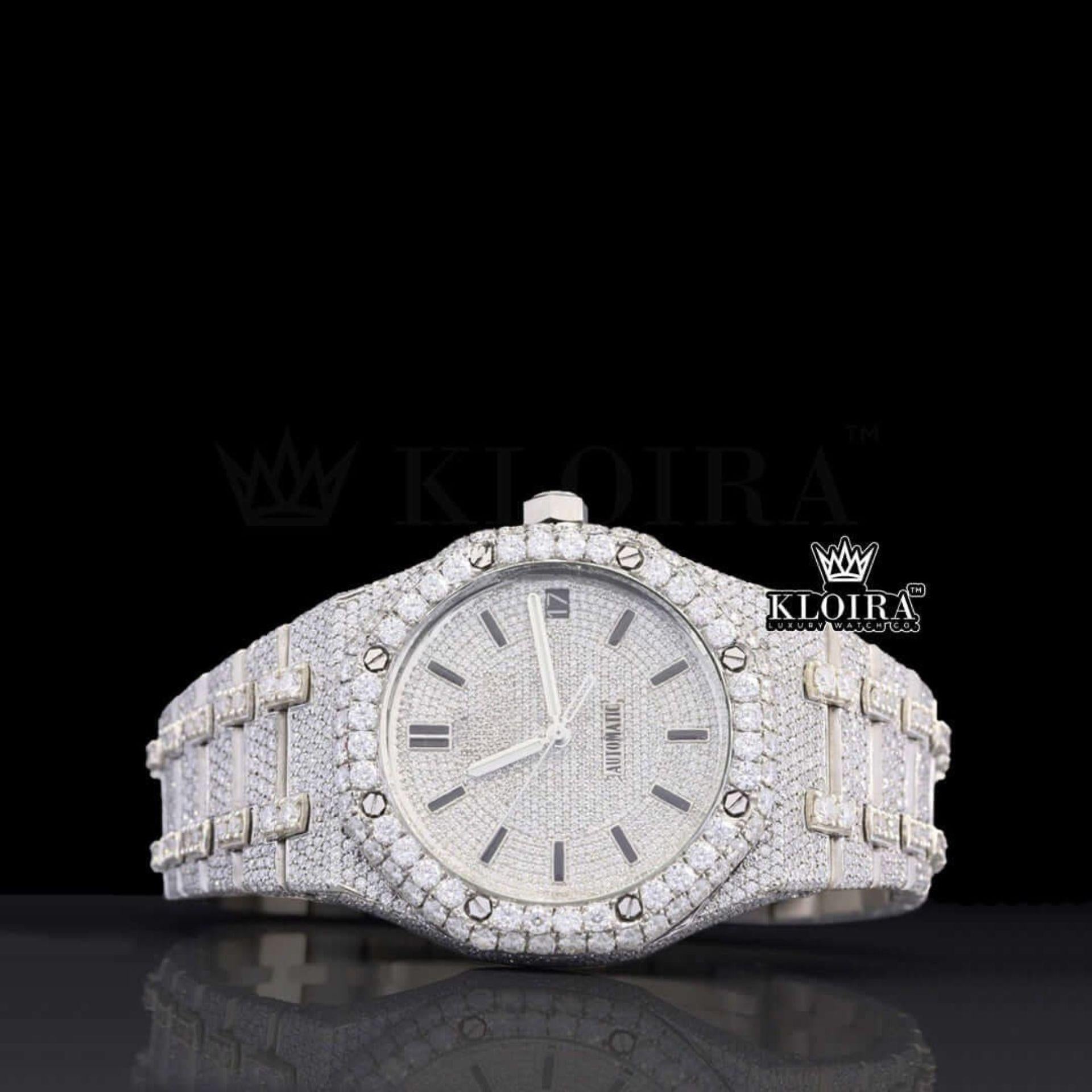 Black Stick Markers White Dial AP Iced Out Moissanite Watch Front View