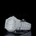 Black Stick Markers White Dial Fully Iced Moissanite Diamond Watch Left Profile View