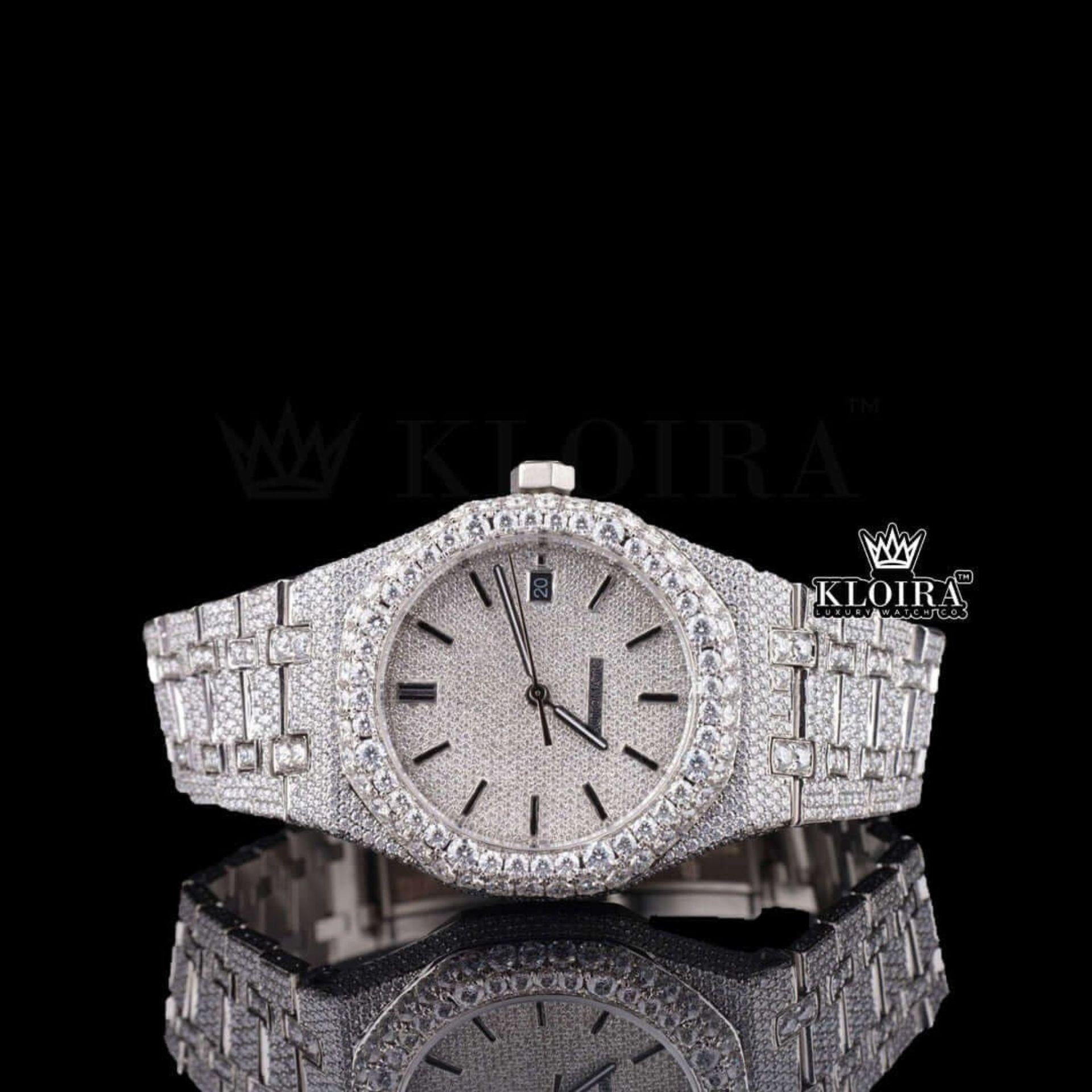 Black Stick Markers White Dial Fully Iced Out Lab Grown Diamond Watch Front View