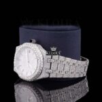 Black Stick Markers White Dial Fully Iced Out Lab Grown Diamond Watch Left Profile View