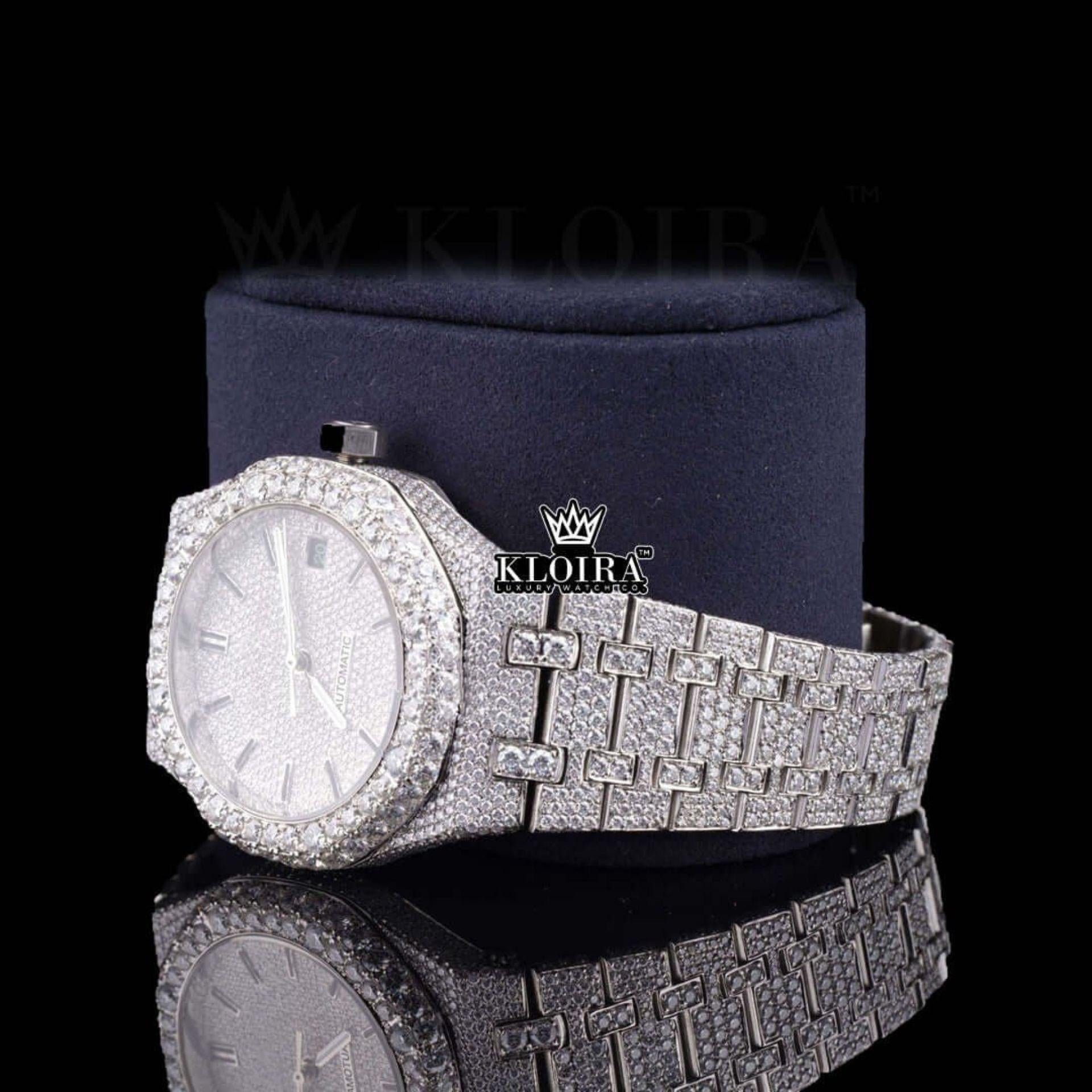 Black Stick Markers White Dial Fully Iced Out Lab Grown Diamond Watch Left Profile View