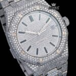 Black Stick Markers White Dial Fully Iced Out Moissanite Diamond Watch Close Up Dial View