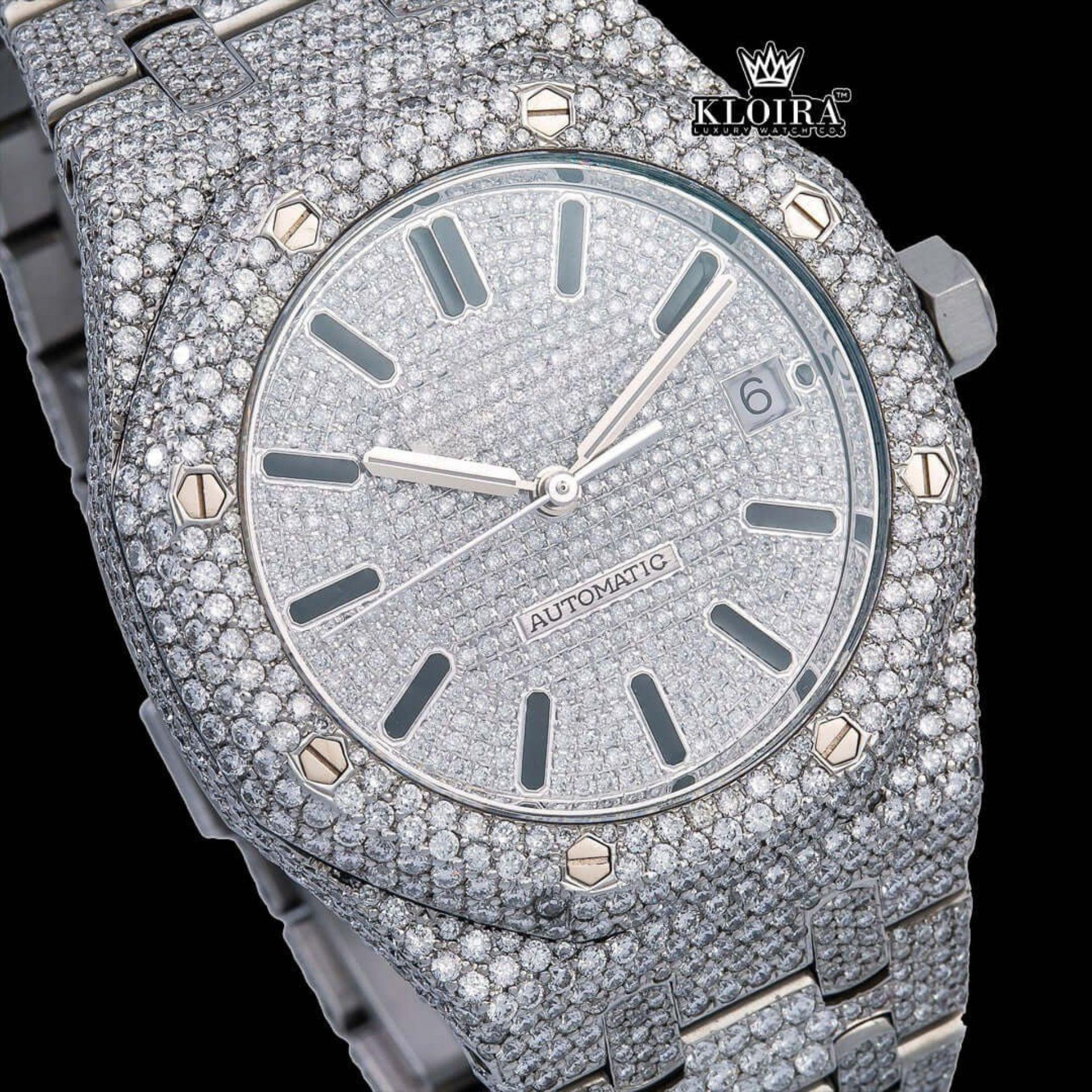 Black Stick Markers White Dial Fully Iced Out Moissanite Diamond Watch Close Up Dial View