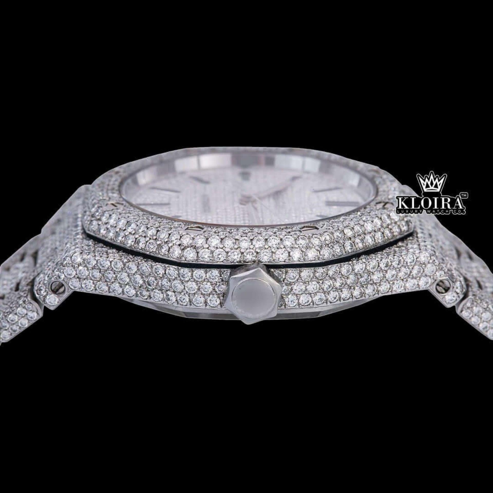 Black Stick Markers White Dial Fully Iced Out Moissanite Diamond Watch Crown View