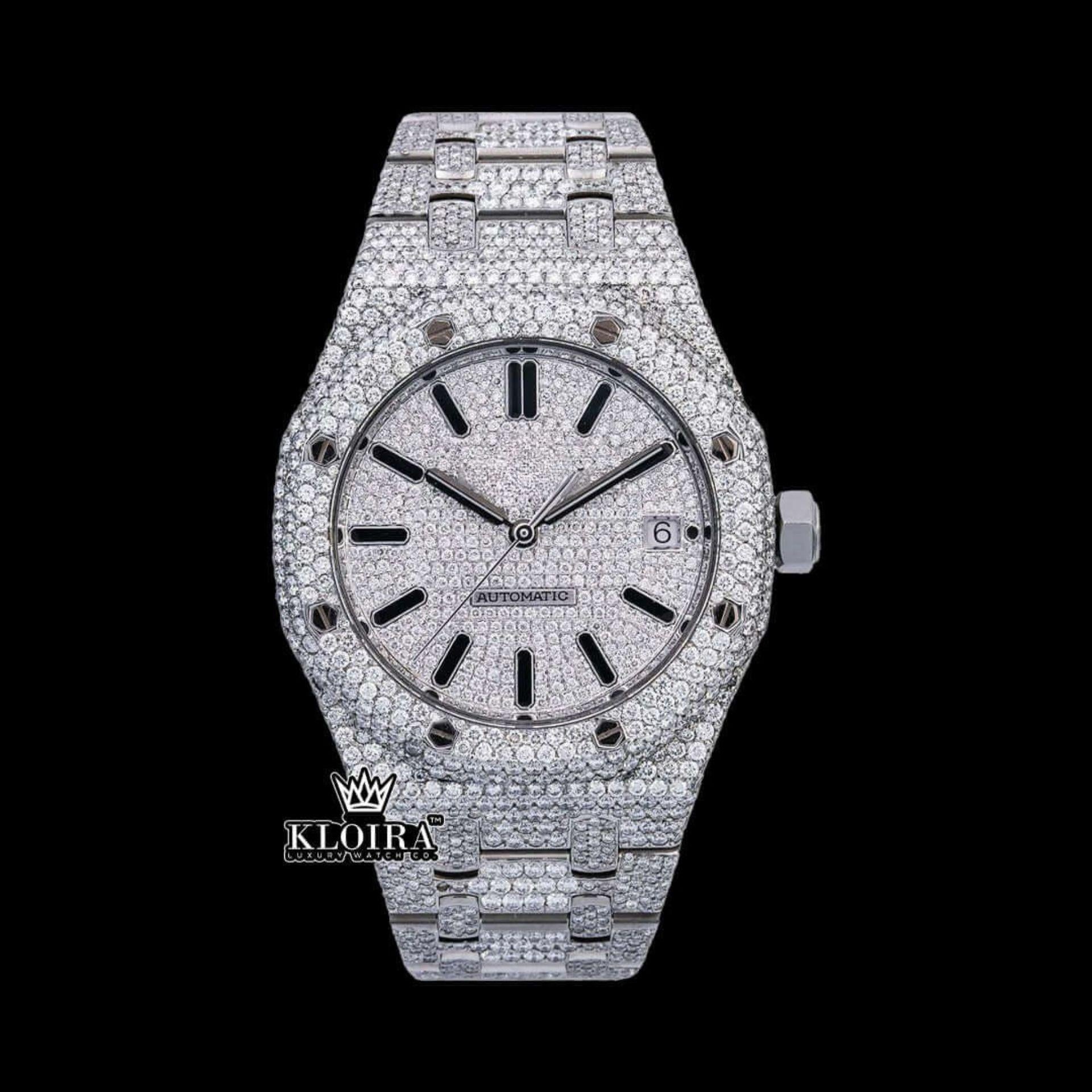 Black Stick Markers White Dial Fully Iced Out Moissanite Diamond Watch Front View
