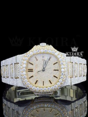 Black Stick Markers Yellow Dial Fully Iced Lab-Grown Diamond Watch