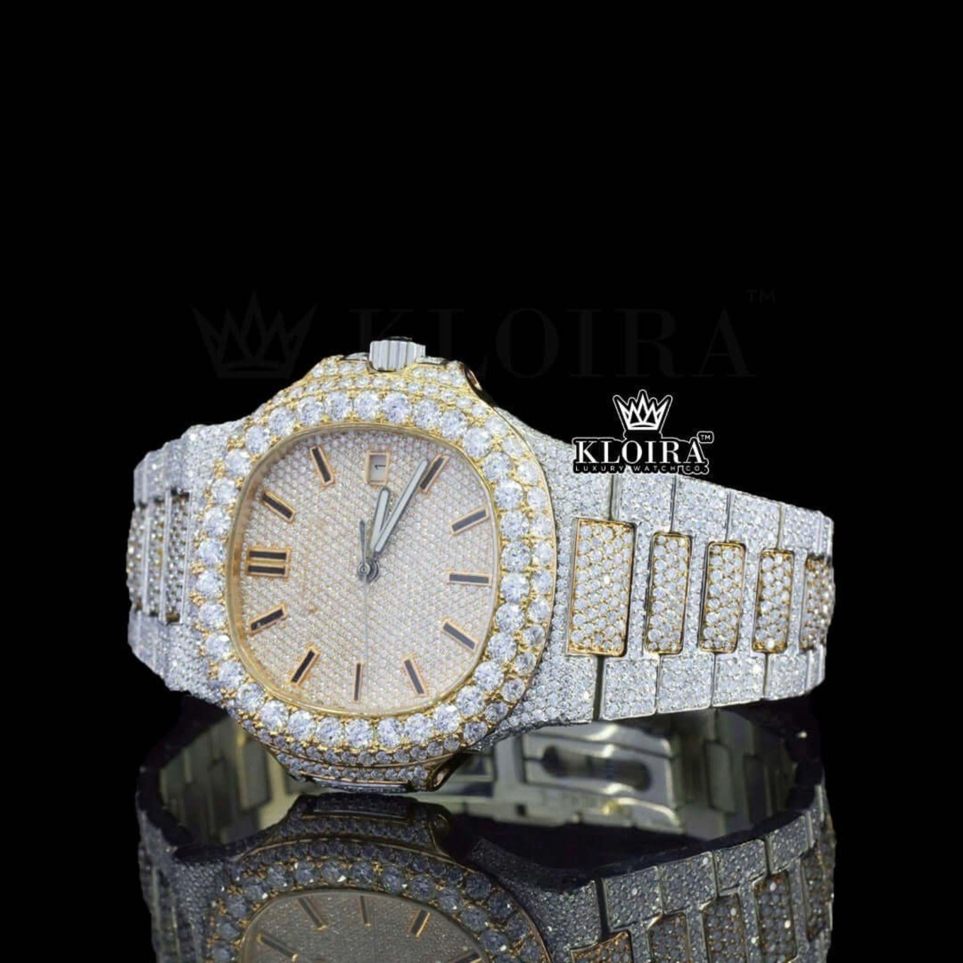 Black Stick Markers Yellow Dial Fully Iced Lab-Grown Diamond Watch Left Profile View