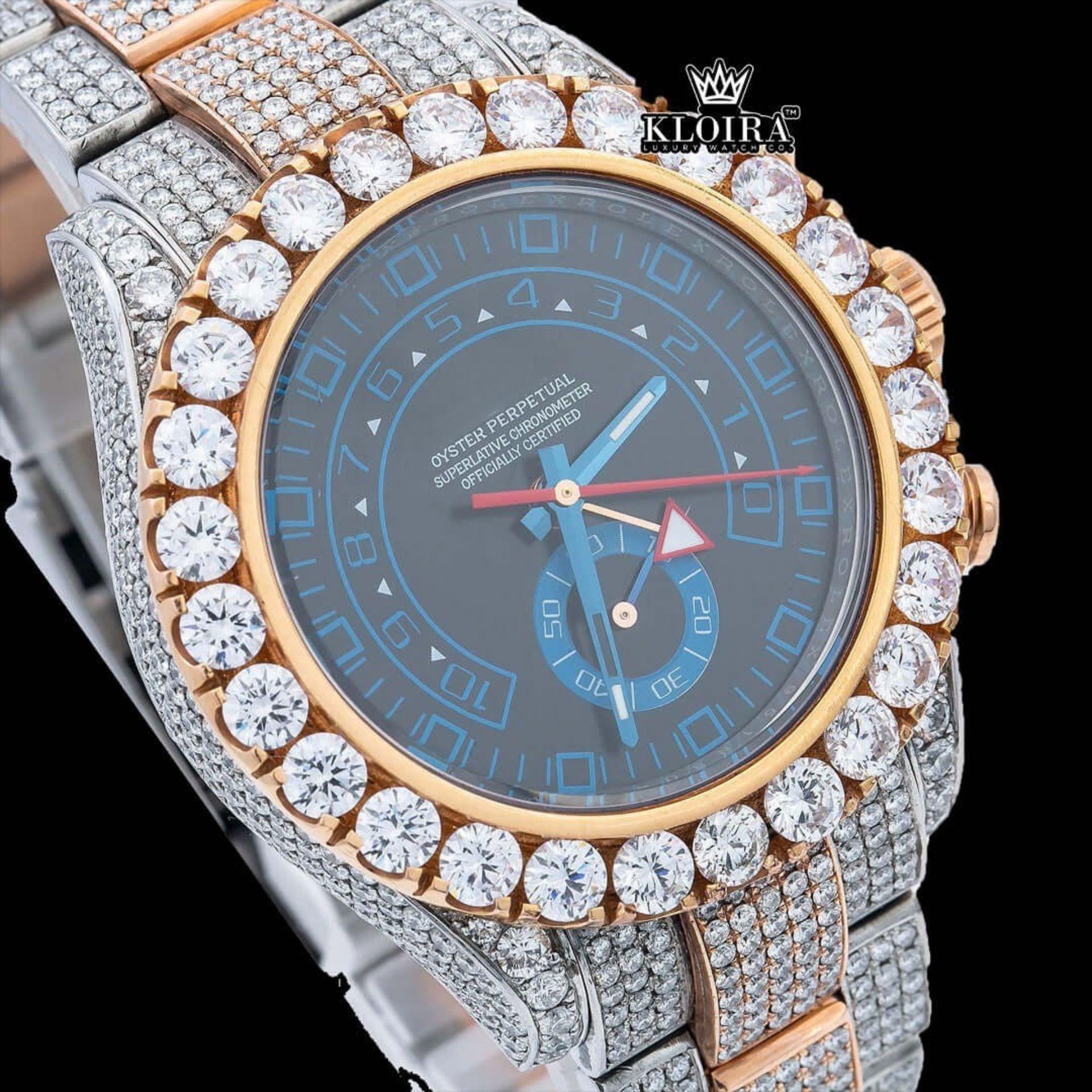 Black Sub Dial Standard Numerals Two Tone Rose Gold Lab-grown Diamond Watch Close Up Dial View