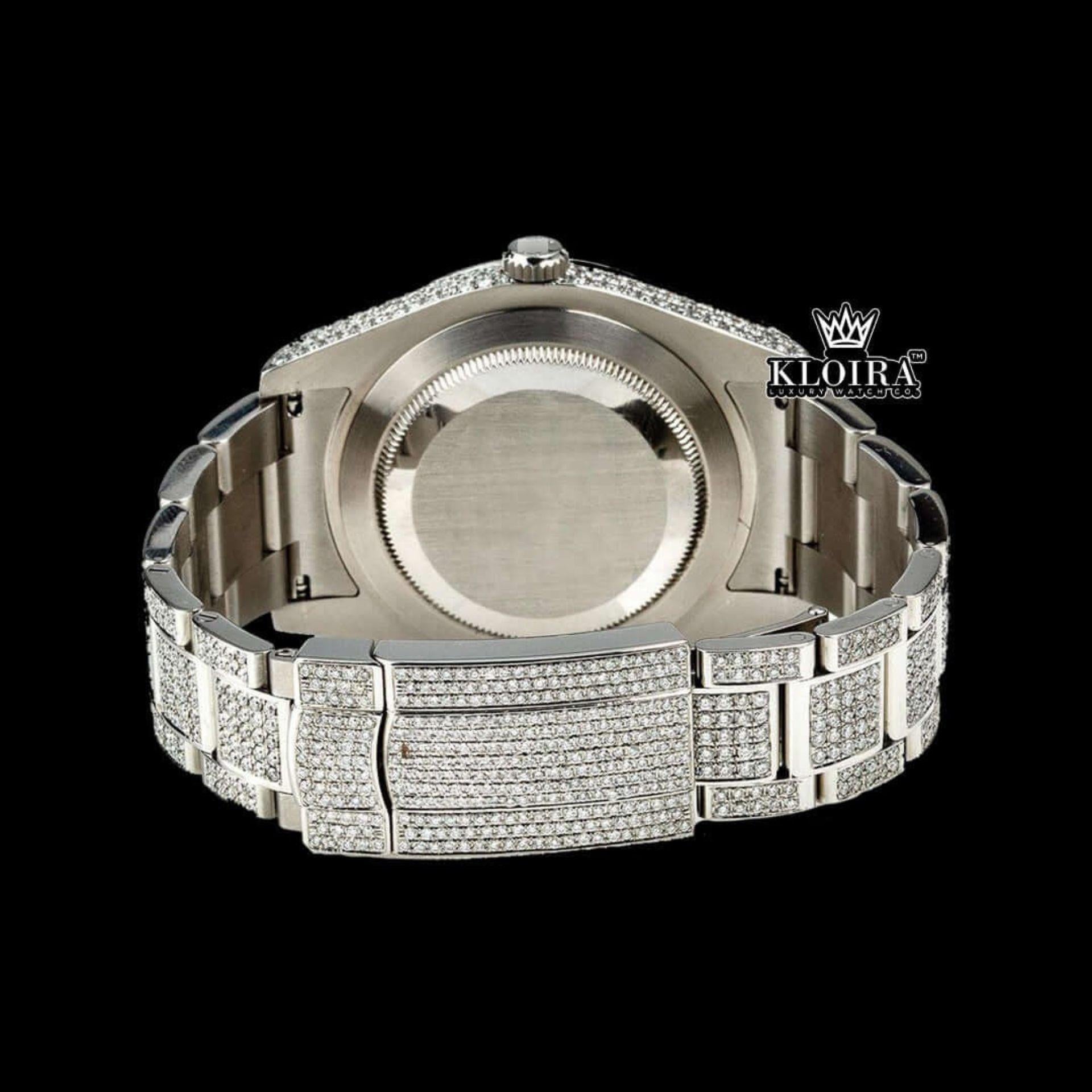 Blue Arabic Numerals Dial Iced Out Diamond Link Strap Moissanite Watch Caseback View
