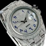 Blue Arabic Numerals Dial Iced Out Diamond Link Strap Moissanite Watch Close Up Dial View