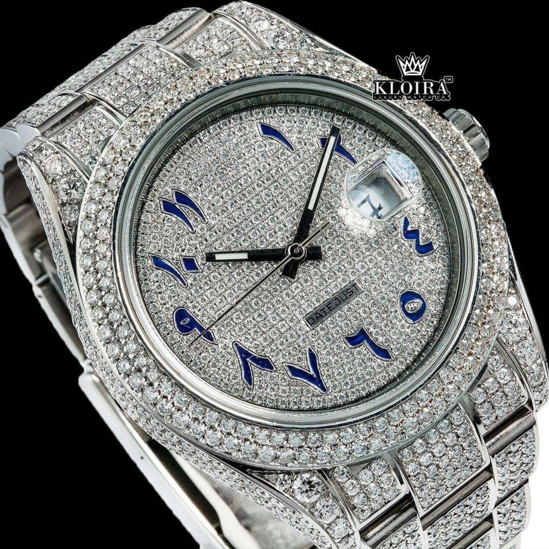 Blue Arabic Numerals Dial Iced Out Diamond Link Strap Moissanite Watch Close Up Dial View