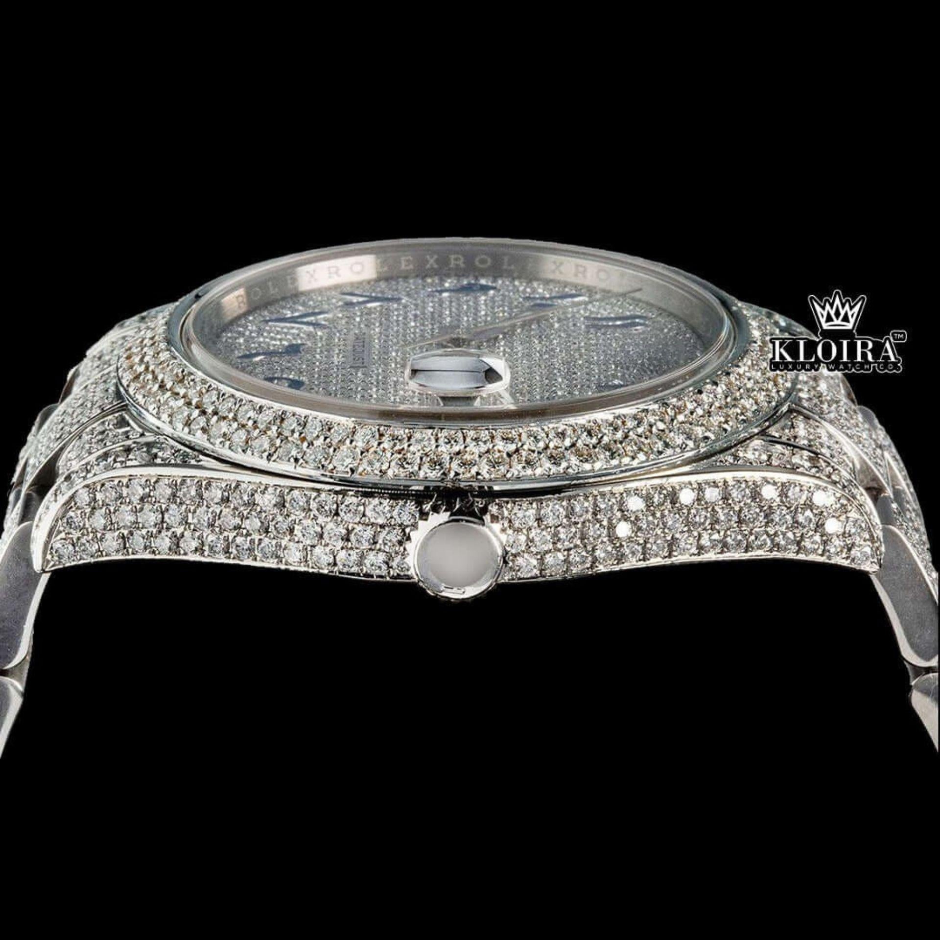 Blue Arabic Numerals Dial Iced Out Diamond Link Strap Moissanite Watch Crown View