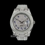Blue Arabic Numerals Dial Iced Out Diamond Link Strap Moissanite Watch
