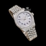 Blue Arabic Numerals Fully Iced Out Moissanite Diamond Watch Close Up Front View