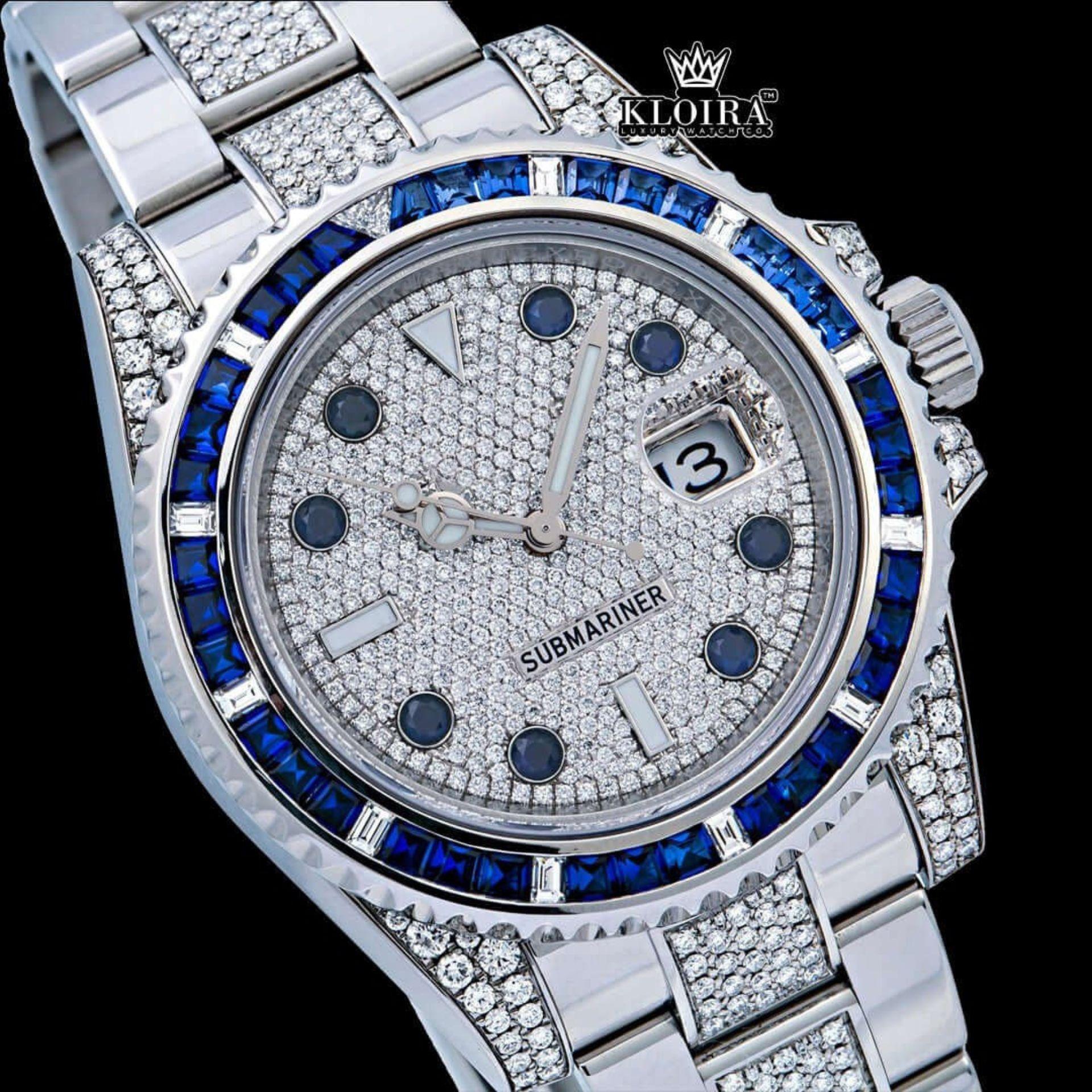 Blue Bezel Diamond Markers Dial Fully Iced Out Moissanite Watch Close Up Dial View
