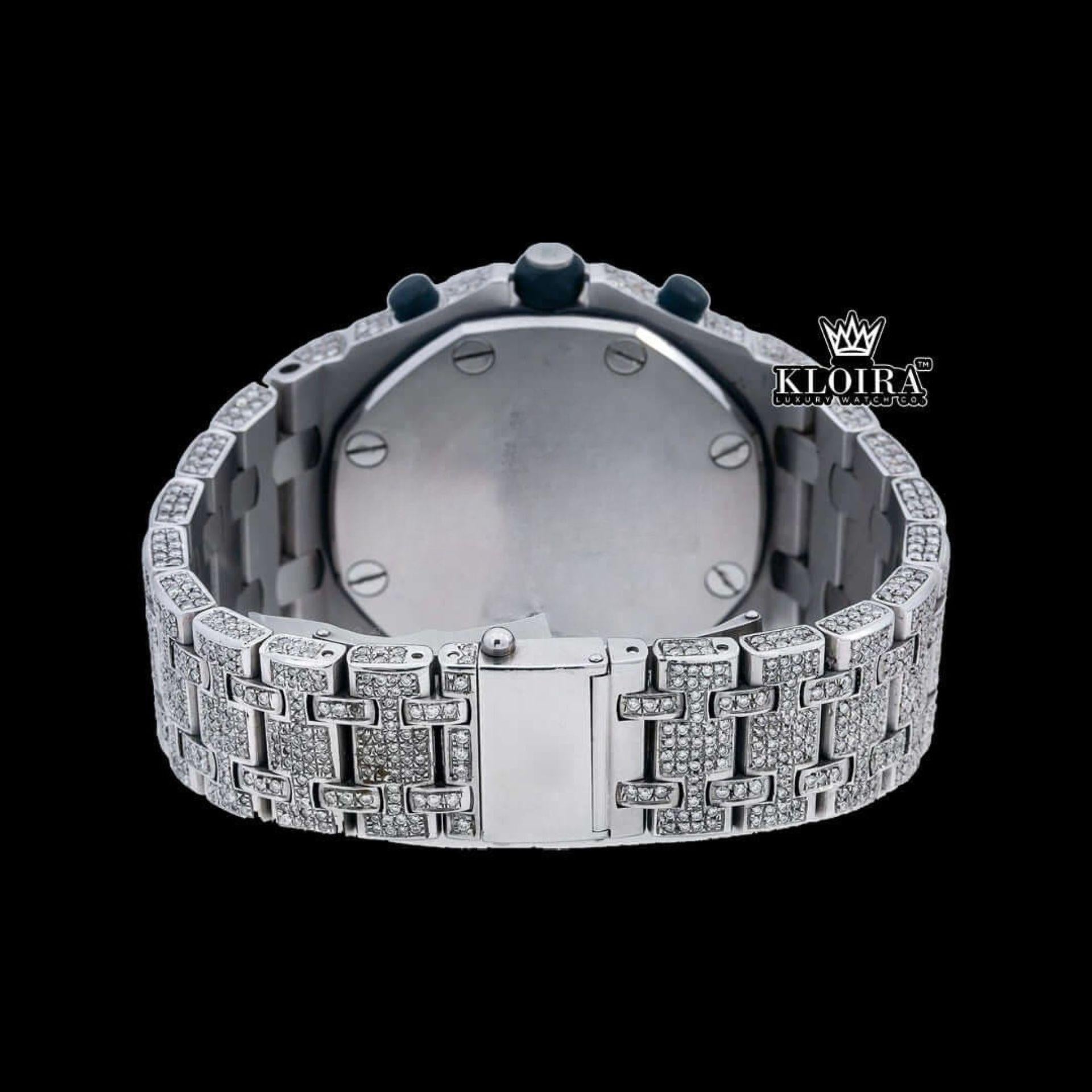 Blue Chronograph Dial Standard Numerals Fully Iced Out Moissanite Watch Caseback View