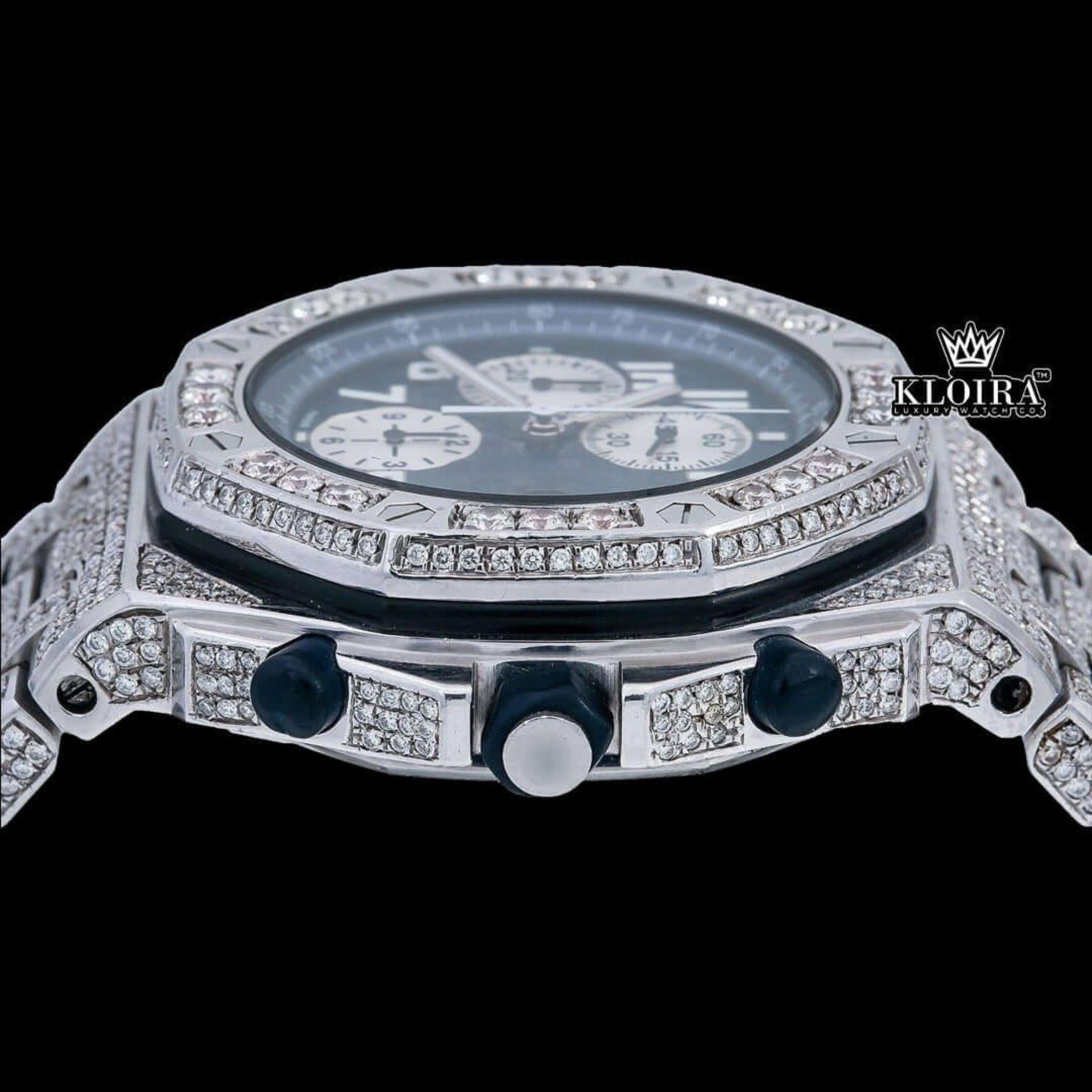 Blue Chronograph Dial Standard Numerals Fully Iced Out Moissanite Watch Crown View