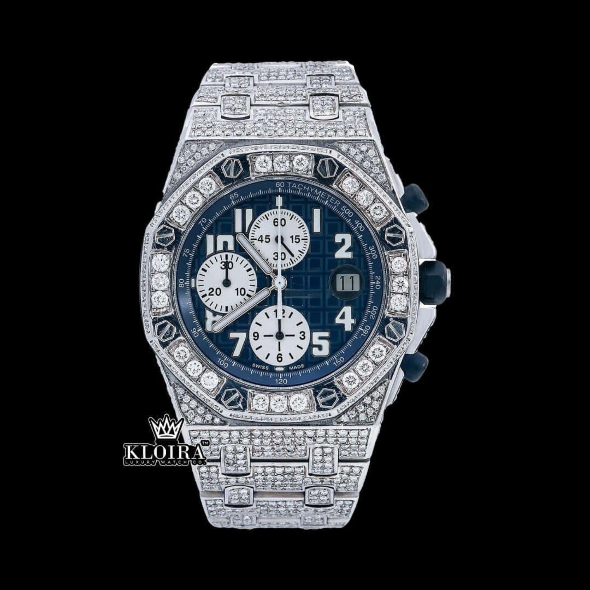 Blue Chronograph Dial Standard Numerals Fully Iced Out Moissanite Watch Front View