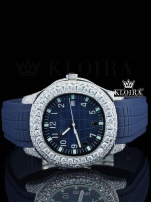 Blue Dial Blue Rubber Strap Semi Iced Out Moissanite Watch