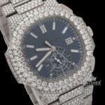 Blue Dial Diamond Markers Chronograph Moissanite Diamond Watch Close Up Dial View