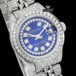 Blue Dial Diamond Markers Fully Iced Out Moissanite Diamond Watch Close Up Dial View