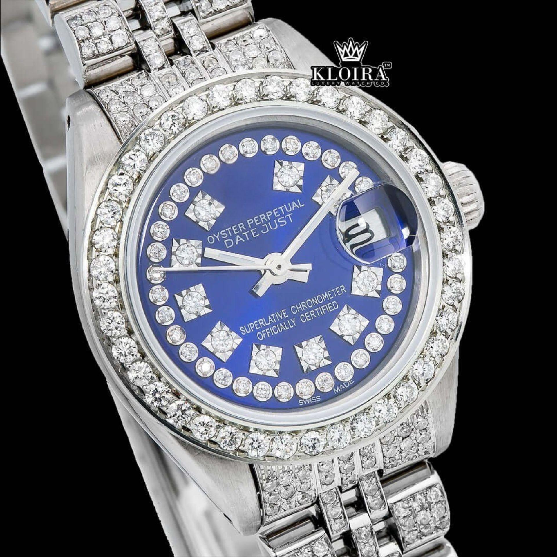Blue Dial Diamond Markers Fully Iced Out Moissanite Diamond Watch Close Up Dial View