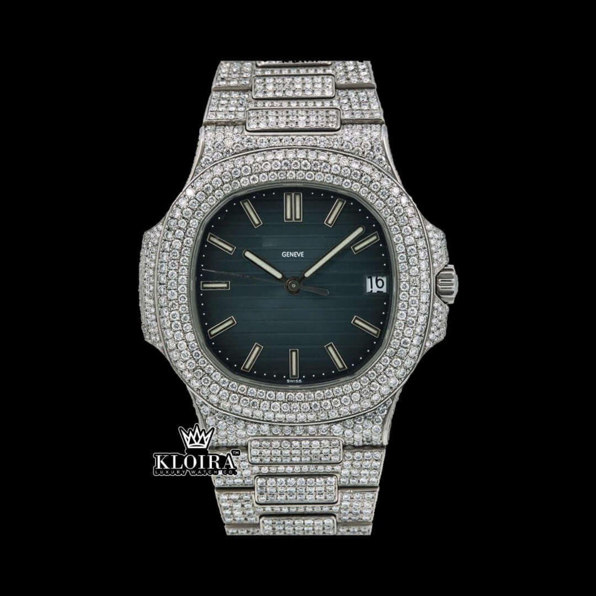 Blue Dial Fully Iced Out Moissanite Diamond Watch Front View