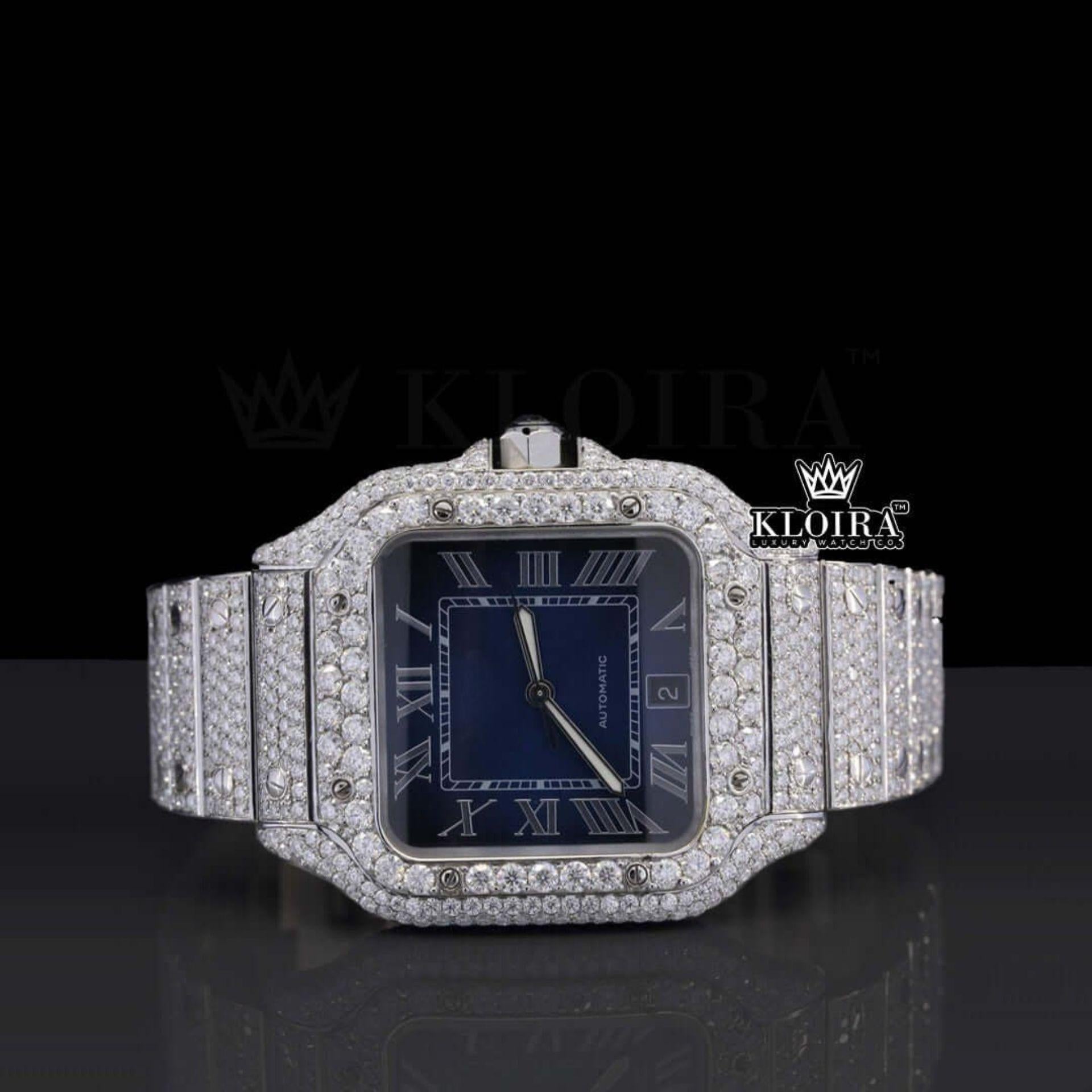 Blue Dial Roman Numerals Bust Down Moissanite Diamond Watch Front View