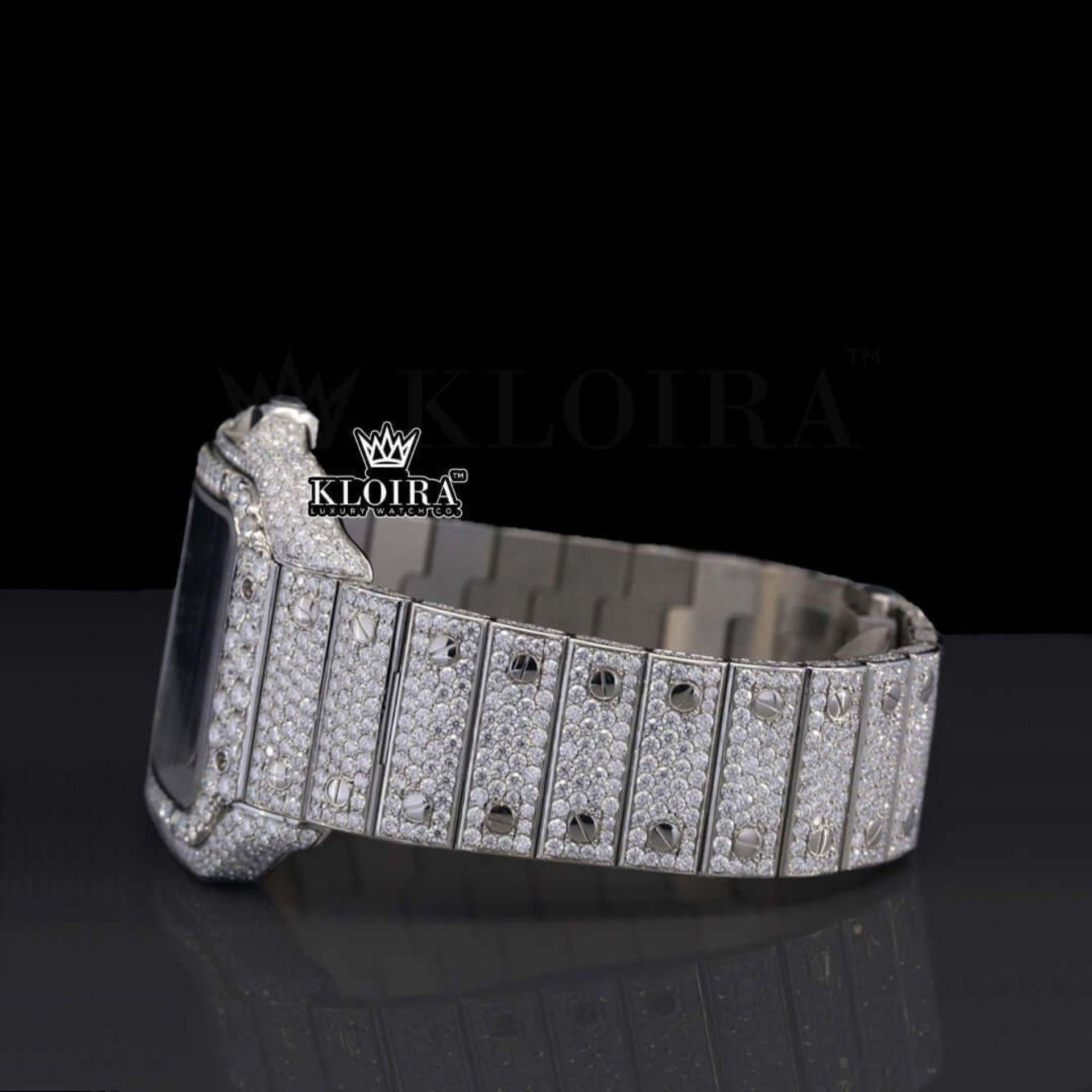 Blue Dial Roman Numerals Fully Iced Out Natural Diamond Watch Left Side View