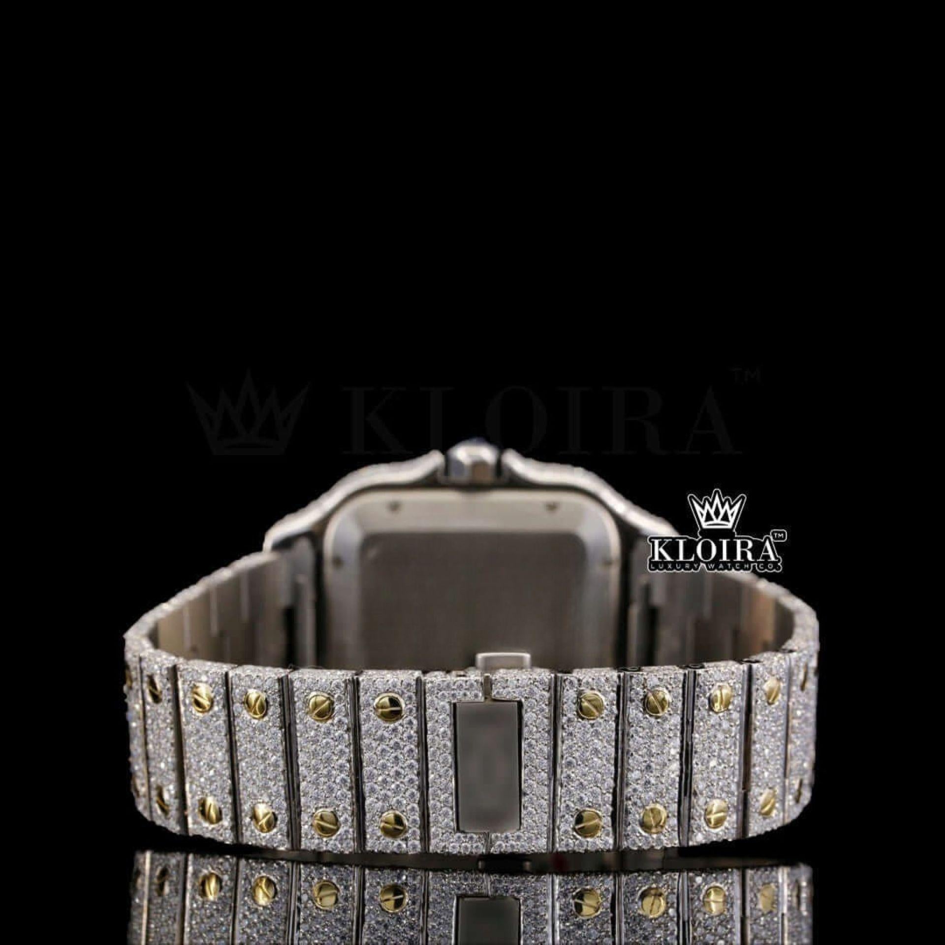 Blue Dial Roman Numerals Two Tone Iced Out Moissanite Diamond Watch Caseback View