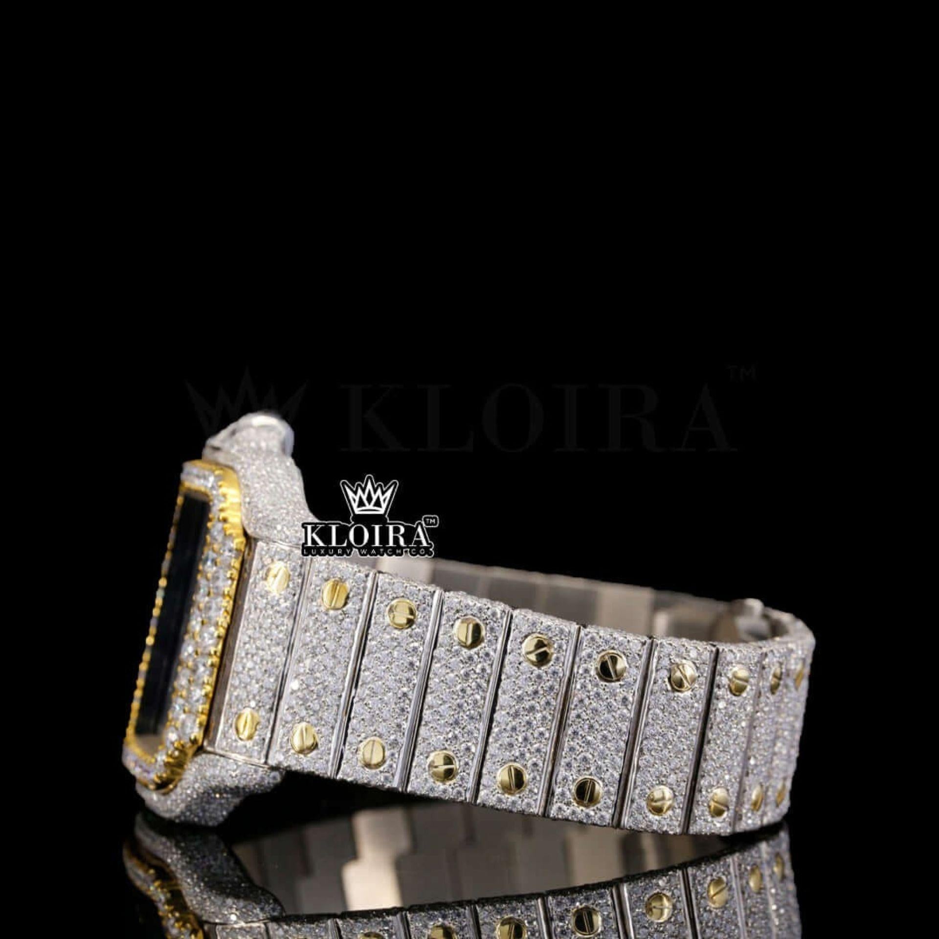 Blue Dial Roman Numerals Two Tone Iced Out Moissanite Diamond Watch Left Side View