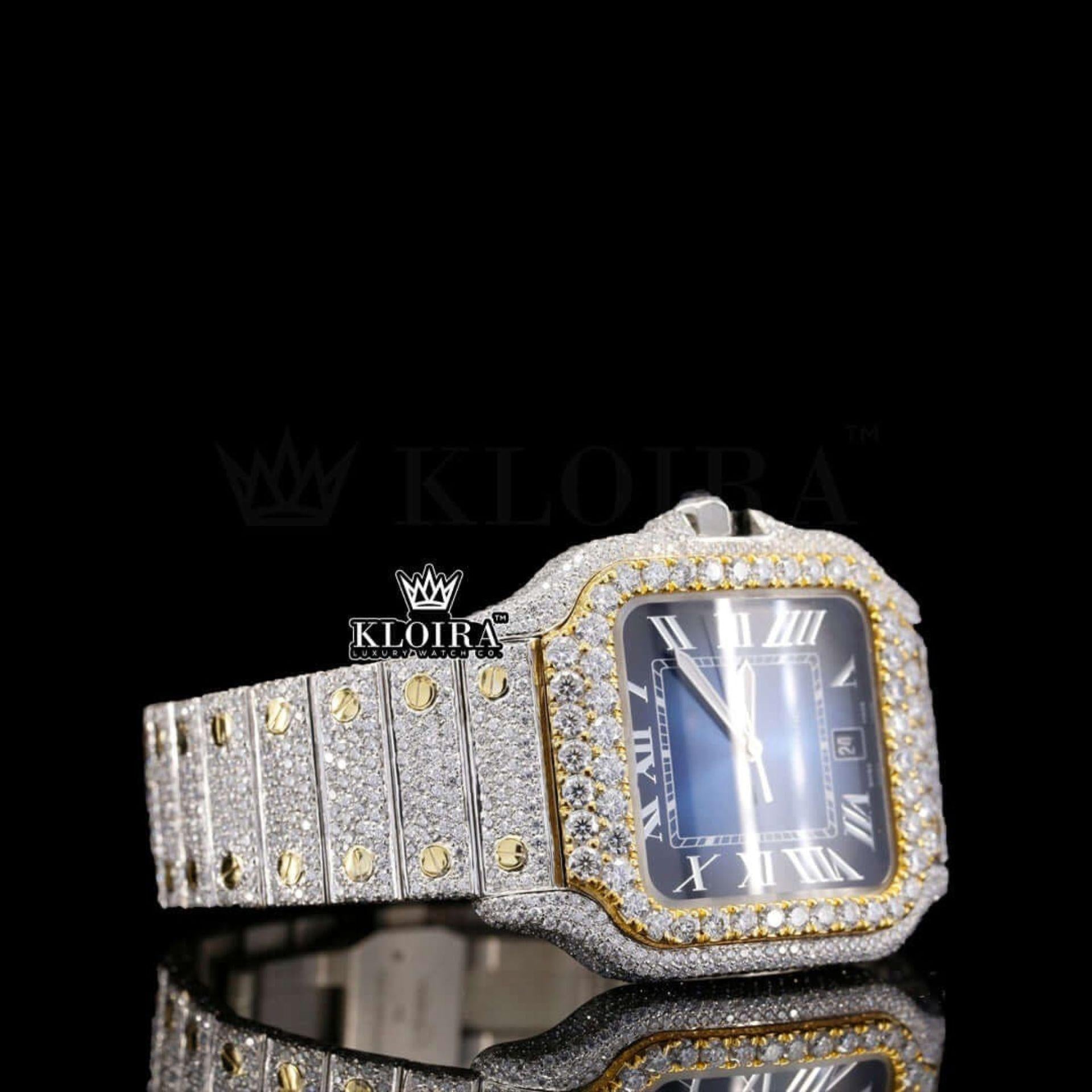 Blue Dial Roman Numerals Two Tone Iced Out Moissanite Diamond Watch Right Profile View
