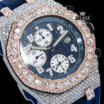 Blue Dial Rose Gold Rubber Strap Moissanite Diamond Watch Close Up Dial View