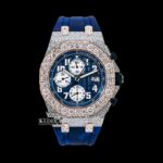Blue Dial Rose Gold Rubber Strap Moissanite Diamond Watch