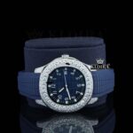 Blue Dial Standard Numerals Semi Iced Out Blue Rubber Strap Moissanite Watch Close Up Front View