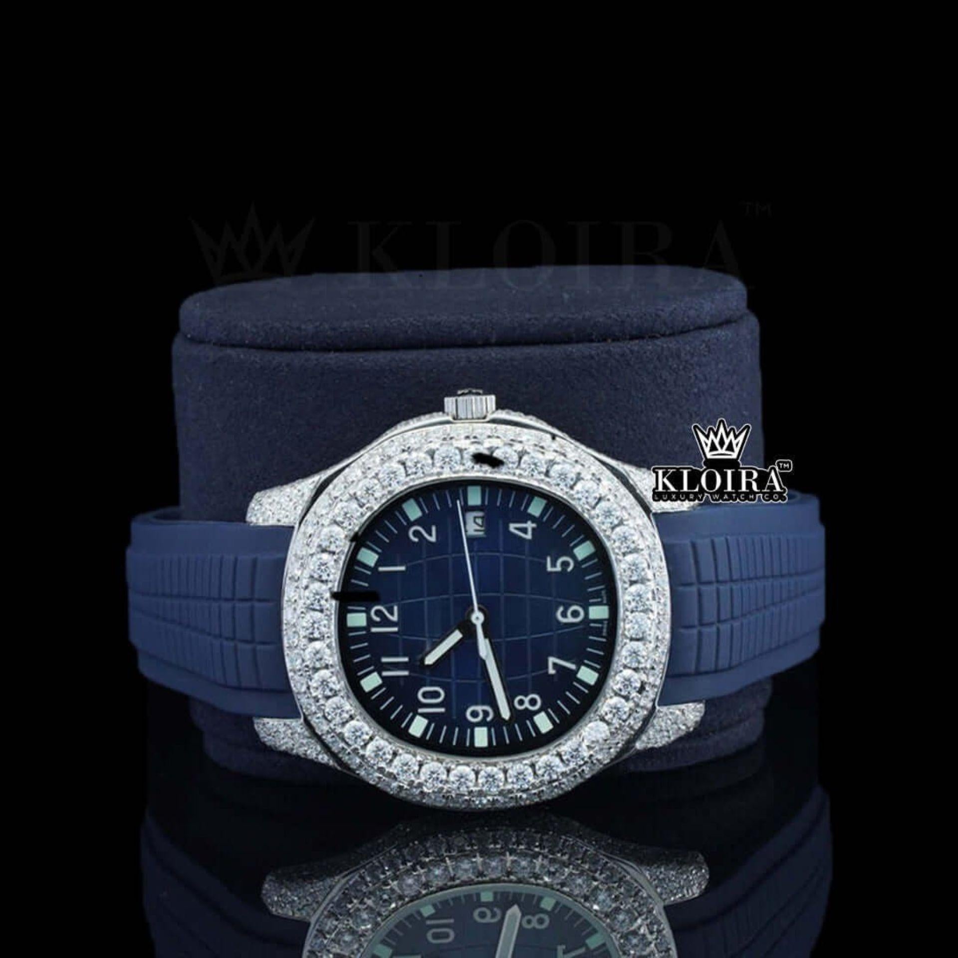 Blue Dial Standard Numerals Semi Iced Out Blue Rubber Strap Moissanite Watch Close Up Front View