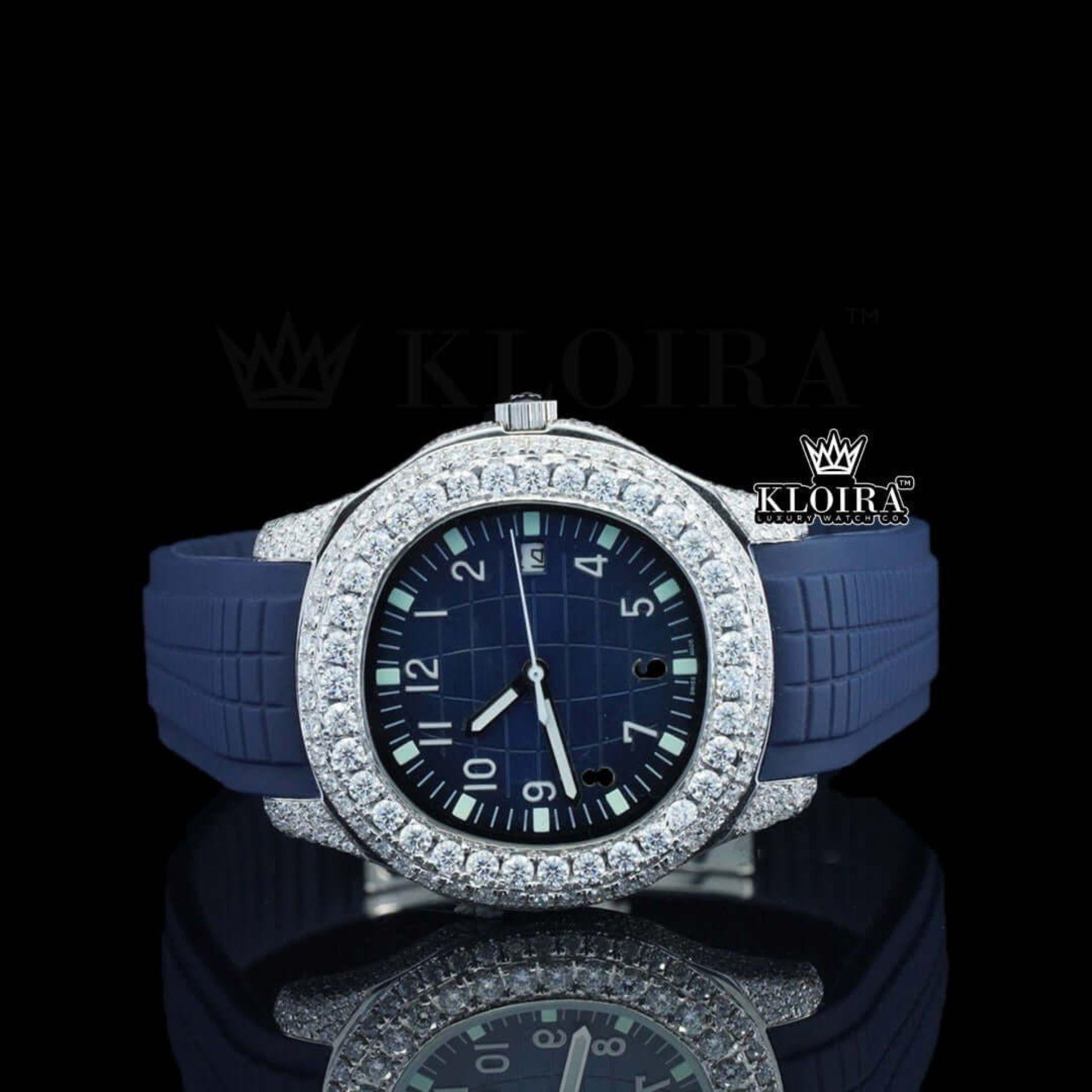 Blue Dial Standard Numerals Semi Iced Out Blue Rubber Strap Moissanite Watch Front View