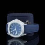 Blue Dial Standard Numerals Semi Iced Out Blue Rubber Strap Moissanite Watch Left Profile View