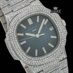 Blue Dial Stick Markers Bust Down Moissanite Diamond Watch Close Up Dial View